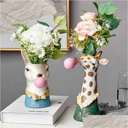 Vases Resin Cartoon Animal Head Vase Flower Pot Bubble Gum Zebra Giraffe Panda Deer Bunny Bear Creative Crafts Decoration 210409 Drop Dhilq