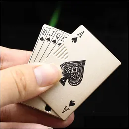 Isqueiros metal criativo jet fumar acessórios isqueiro tocha turbo butano gás jogando cartas à prova de vento portátil chama verde incomum dhjeo