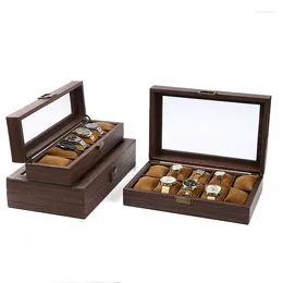 Caixas de relógio Caixa de grão de madeira vintage com botão retro escondido exibição de jóias transparente armazenamento mecânico à prova de poeira