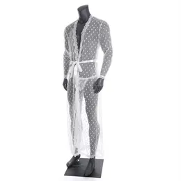 Herren-Nachtwäsche, sexy lange Robe, transparente Spitze, Strickjacke, Bademantel, einteilige Lungewear-Nachtwäsche mit T-Rücken-Gürtel271L