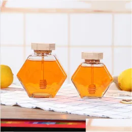 Storage Bottles Jars Glass Honey Jar For 220Ml/380Ml Mini Small Bottle Container Pot With Wooden Stick Spoon1 968 R2 Drop Delivery Dh6Rc