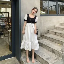 Casual Dresses Summer Women's Dress 2023 French Retro Square Collar Temperament Long Kjol Children's Model midja Slim