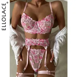 Set sexy Ellolace Lingerie floreale Intimo delicato Fantasia di lusso in pizzo Kit intimo fine Set reggiseno e slip sexy Sissy Sheer Outfit 231027