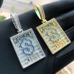 Enamel Dollar Sign Cash Money Letter Square Charm Pendant Necklace with Rope Chain Hip Hop Women Men Full Paved 5A Cubic Zirconia Boss Men Gift Jewelry