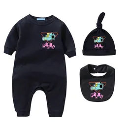 Recém-nascidos crianças macacão chapéu conjuntos 100% algodão bebê macacão meninos meninas impressão macacão designer bebês roupas de mangas curtas macacões babadores 3 peça conjunto CYD23102702