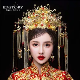 Himstory Classical Chinese Chinese Wedding Phoenix Queen Coronet Crown Grides Gold Hair Jewelry Accessories Tassel Wedding Hairwear H0827255y