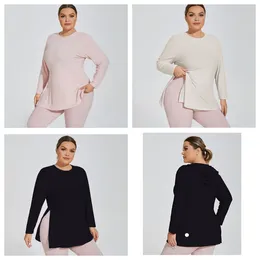 Plus-Größe LU-1611, Slim-Fit-Sportoberteil mit seitlichem Schlitz an der Unterseite, Damen-Yogabekleidung, Fitness-Langarm-Lauf-T-Shirt mit lässiger Kapuze und Kapuze