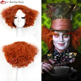 أزياء Catsuit Mad Hatter Orange Short Red Curly Alice in Wonderland 2 Halloween Carnival Party Cosplay شعر مستعار + شعر مستعار