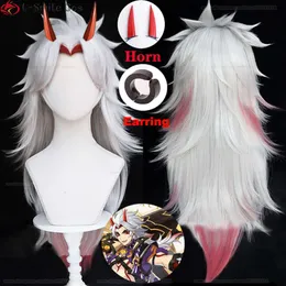 Trajes de Catsuit Jogo Genshin Impact Cosplay Arataki Itto Peruca 65cm Longo Cabelo Gradiente com Acessórios de Buzina Perucas Sintéticas Resistentes ao Calor