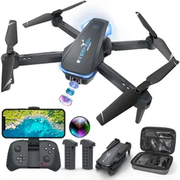 Drone com câmera 1080P para adultos e crianças, quadricóptero de controle remoto dobrável com controle de voz, selfie com gestos, retenção de altitude, início com uma tecla, giros 3D, 2 baterias