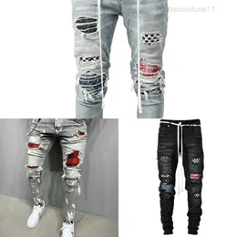 Schwarze dünne zerrissene Gitter-Patchwork-Stretch-Hose elastische Hip-Hop-Hosen Jogging-Bleistift 2020 Kleidung X0621