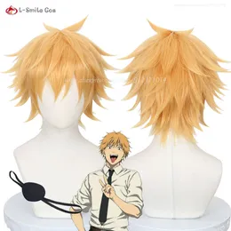 Trajes de catsuit novo anime motosserra homem denji cosplay olhos remendo curto dourado resistente ao calor perucas de festa de cabelo sintético + peruca boné