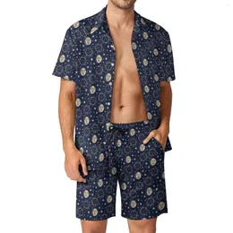 Men's Tracksuits Sun Moon Men Sets Vintage Print Casual Shorts Summer Hawaiian Beach Shirt Set Short Sleeve Graphic Oversized Suit Birthday