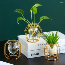 Vases Mini Transparent Gold Glass Vase Flower Aesthetic Hydroponic Nordic Metal Modern Vazen A Fleur Luxury Home Decor WK50VA