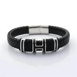 12MM Wide Braided Retro Genuine Leather Bracelet For Men Stainless steel H Bead Bracelets with Magnet Clasp289b