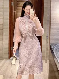 Casual Dresses Luxury Runway Design Ruffles Stand Collar Party Dress For Women Mesh Long Sleeve Splicing Lace Slim Office OL Vestidos