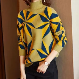 Women's Sweaters Clothing Argyle Geometric Spliced Autumn Winter Turtleneck Stylish Contrasting Colors All-match Knitted Jumpers