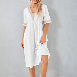 Casual Dresses Musuos Beach Summer Contrast Color A-Line Midi Dress Women Short Sleeve V Neck Loose Party Streetwear Kvinna