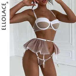 Sexy Set Ellolace Sexy Lingerie Mesh Patchwork Fancy Underwear Ruffle Garters Delicate Luxury Brief Set See Through Sensual Erotic Sets 231027