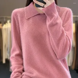 Suéter feminino RONGYI pulôver outono/inverno suéter de lã casual cor sólida malhas rosa tops soltos gola polo básico top