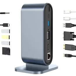 2201 12-Port Type-C Docking Station Vertical USB Hub Adapter Dual HD 4K / 30Hz USB-C Converter Support MST för Dell, MacBook