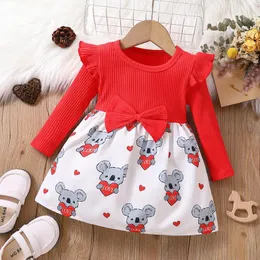 Vestidos de menina dia dos namorados vestido bonito da criança meninas inverno manga longa com nervuras vermelho koala amor impresso arco festa princesa vestido