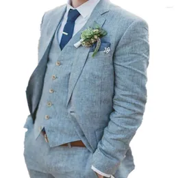 남자 양복 가벼운 블루 린넨 신랑 턱시도 결혼식을위한 3 개 조각 커스텀 맨 노사 야외 남자 패션 재킷 조끼 바지