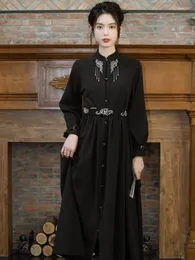 Casual Dresses Women's Long Sleeve Stand Collar Black Embroidered Dress 2023 Fashion Clothing