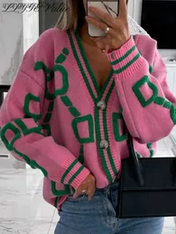 Kvinnors tröjor Cardigan för kvinnor Grön randig rosa stickad knapp Lady Cardigans Sweaters V-Neck Loose Winter 2022 Sticked Coat Fashion T231027