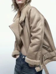 Mulheres para baixo parkas inverno espessura shearling casaco de pele de carneiro quente parka pele de couro falso feminino cordeiro camurça jaqueta com zíper outwear 231027