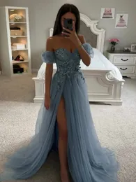 Blue Tulle Sexy Off The Shoulder Prom Dresses A-Line Sweetheart Appliques Flower Decal Side Slit Floor Length Evening Gown