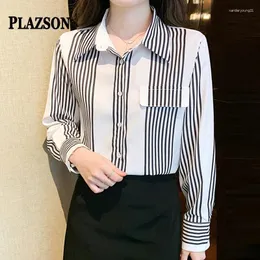 Blusas femininas plazson clássico listrado camisa feminina outono manga longa lapela botão-up feminino wear trabalho casual streetwear damen blusan