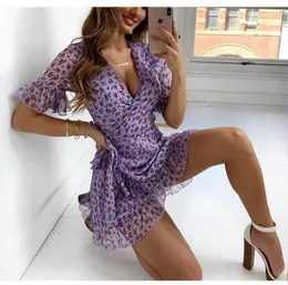 Casual Dresses Chiffon Purple Dress Women 2023 Sexig Daisy Floral Boho Elegant V Neck Bodycon Fashion CottageCore Beach Sundress