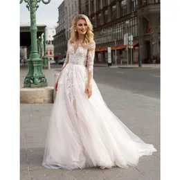 Abito da sposa in pizzo Boho con ricamo maniche lunghe su misura Abito da sposa in tulle con linea ad A in pizzo taglie forti