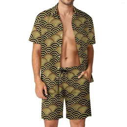 Men's Tracksuits Japanese Wave Men Sets Gold Seigaiha Casual Shirt Set Aesthetic Beachwear Shorts Summer Design Suit Two-piece Clothing Plus