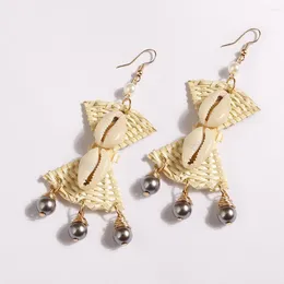 Dangle Earrings RATTAN & CONCH SHELL Basket Weave Seashell Gold Plated Earwires Beach Ocean Summer Sea Charm Bohemian Fashion