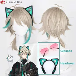 CATSUP -kostymer Vtuber Virtuareal Aza Cosplay Headwear Glasögon 33 cm Lätt linne Höjdpunkt Cyan Värmebeständiga hår peruker Rekvisita + perukkåpan