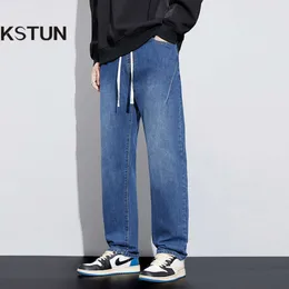 Herenbroeken Jeans met wijde pijpen Casaul Baggy Broek Denim Blauw Elastische taille Trekkoord Mode Zakken Streetwear S Kleding