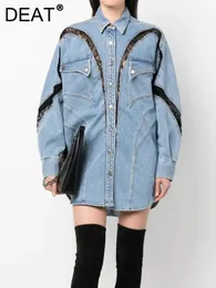 Damen Wollmischungen DEAT Mode Damen Mantel Lose Revers Einreiher Volle Ärmel Spitze Geteilt Einfarbig Denim Jacken Sommer 17A9124 231027