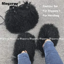 Slippers Women's Fur Slippers Fur Handbags Fashion Sets Woman Luxury Faux Fur Set Slides Furry Bag Purse Wallet Indoor Shoes Plus Size 49 231027