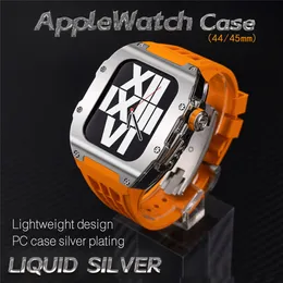 AP Mod Kit Liquid Silver Polykarbonatfodral för Apple Watch Series 8 7 6 5 4 SE Soft Silicone Band 44mm 45mm