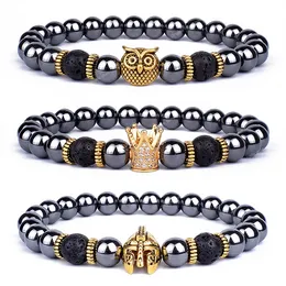 Vintage Hämatit Eule Charm Armbänder Männer Lava Stein Krone Krieger Helm Armbänder Armreifen für Frauen Freundschaft Schmuck Geschenk Mode SchmuckArmbänder Stein