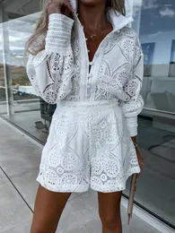 Women's Tracksuits Summer Casual Stand Up Collar Long Sleeve Single-Breasted Lace Shirt And Shorts Set Solid Color Office Lady Elegant