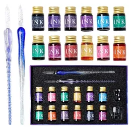 Fountain Pens Luxury 16pcsset Glass Dip Pen Set 2PCS Crystal مع 12 أحبار من مسحوق الذهب لتواقيع رسم هدايا مجموعة Caligraphy 231027