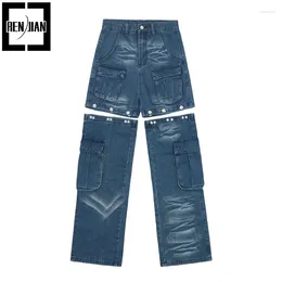 Herr jeans modedesign överdimensionerade y2k baggy last denim byxor med fickor botten avtagbar kan bära så kort