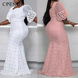 Etniska kläder 2023 White Lace African Mesh Dress for Women Elegant Lady Wedding Evening Dresses Plus Size Sexig Femme Party Bodycon Gown