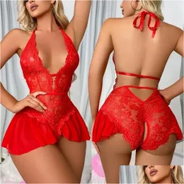 Women'S Sleepwear Womens Sleepwear Open Crotch Lingerie Women Lace Transparent Pajamas Set Y Deep V Bra Crotchless Pajama Erotic Night Otrpm