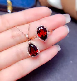 Moda feminina conjunto de jóias de casamento forma gota de água cristal vermelho zircão diamante pingente anel rosa ouro doce colar namorada festa de aniversário presente