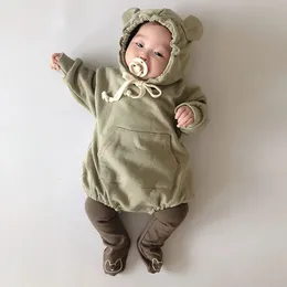 Strampler 2023 Herbst kinder Kleidung Baby Bodys Kid Jungen Bär Ohren Mit Kapuze Overall Baumwolle Langarm Mädchen Body 231027