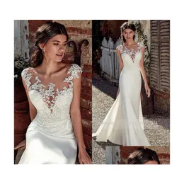 Abiti da sposa a sirena 2023 Scoop in raso morbido modesto con applicazioni di pizzo Abiti da sposa trasparenti Illusion Back Robe De Mariee Drop Delive Dh0Wd